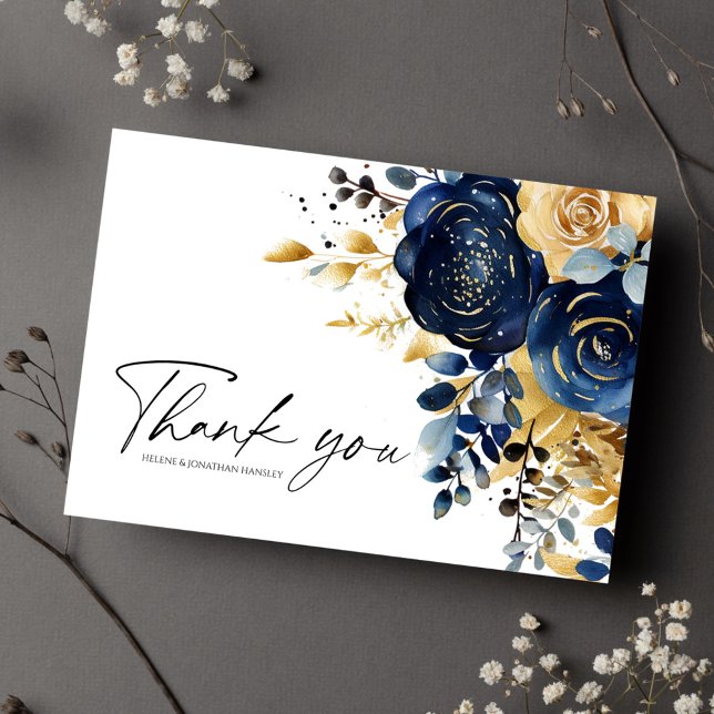 Navy Blue Gold Floral Wedding Thank You Card (Navy Blue Gold Floral Wedding Thank You Card)