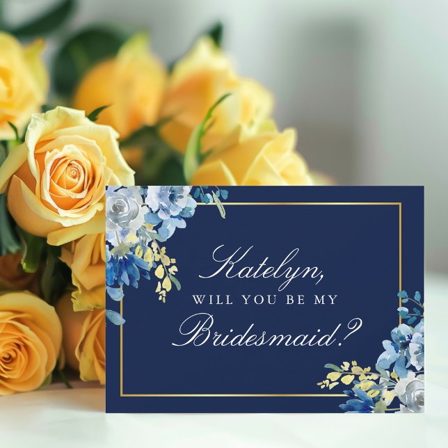 Navy Blue Gold Floral Will You Be My Bridesmaid In Invitation (Creator Uploaded)