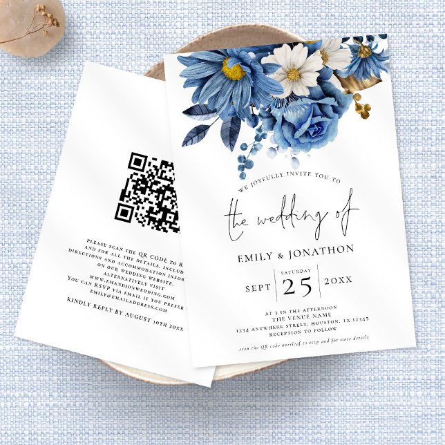 Navy Blue Gold Florals QR Code Wedding Invitation (Creator Uploaded)