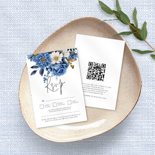 Navy Blue Gold Florals QR Code Wedding RSVP Card (Creator Uploaded)