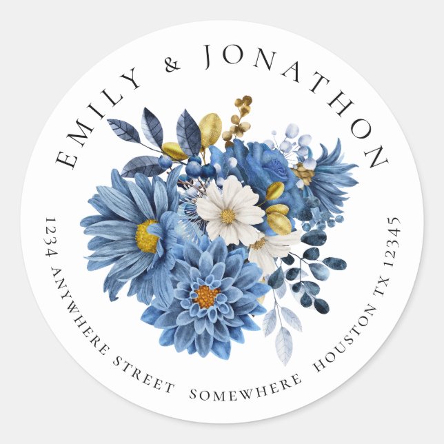 Navy Blue Gold Florals Return Name Address  Classic Round Sticker (Front)