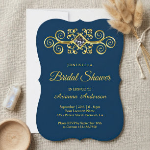 Navy Blue Gold Flourish Diamond Bridal Shower Invitation