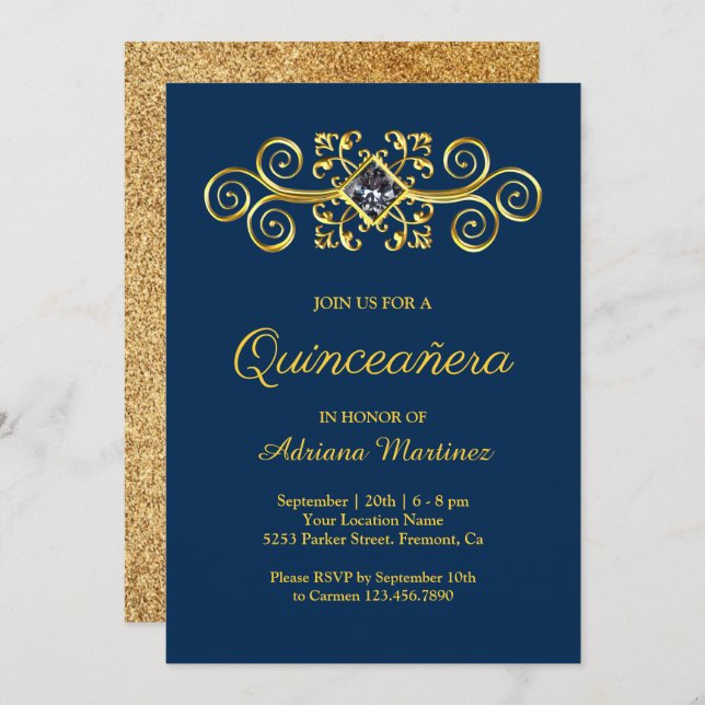 Navy Blue Gold Flourish Diamond Quinceanera Invitation (Front/Back)