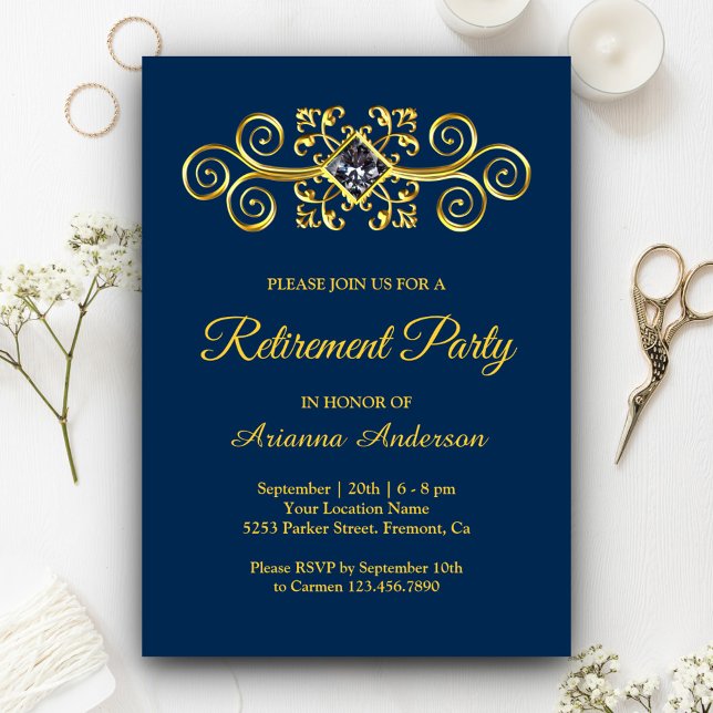 Navy Blue Gold Flourish Diamond Retirement Party Invitation (Creator Uploaded)