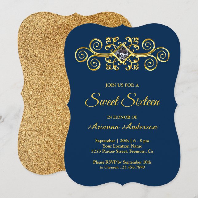 Navy Blue Gold Flourish Diamond Sweet Sixteen Invitation (Front/Back)