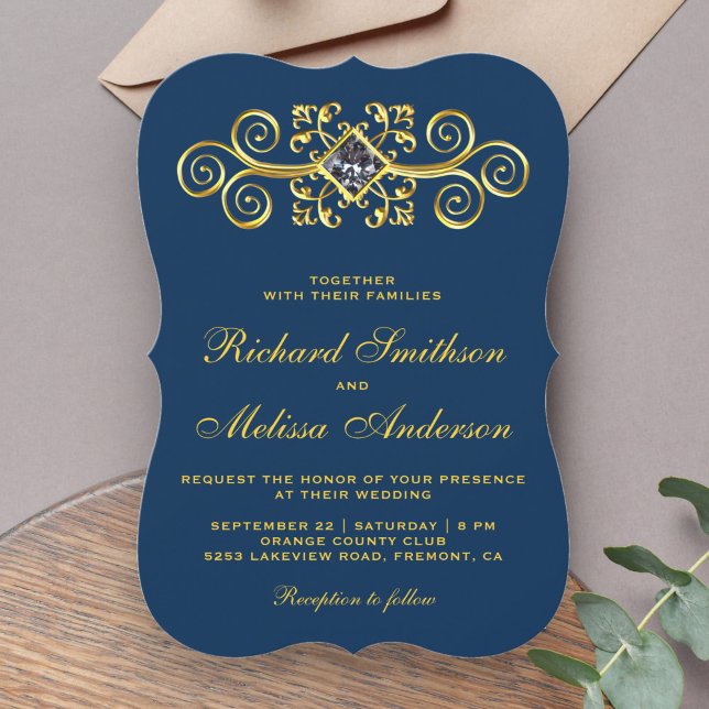 Navy Blue Gold Flourish Wedding Invitation (Creator Uploaded)