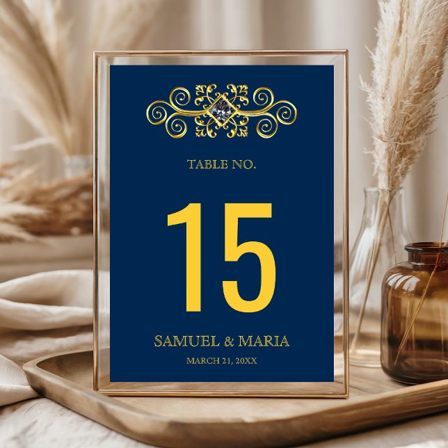 Navy Blue Gold Flourish Wedding Table Number (Creator Uploaded)