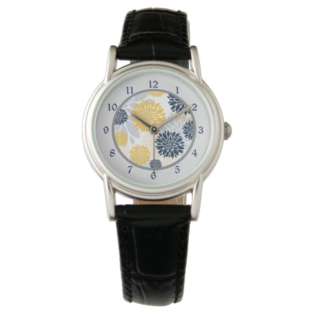 Navy Blue Gold Flower Pattern Watch (Front)