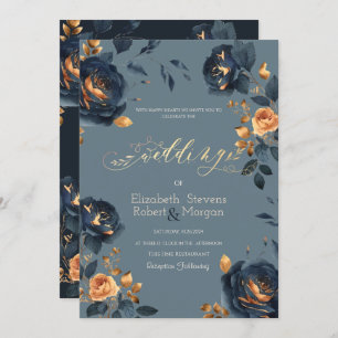 Navy Blue Gold Flowers Wedding Invitation