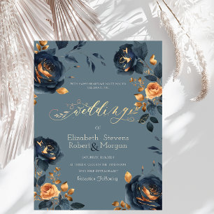 Navy Blue Gold Flowers Wedding Invitation