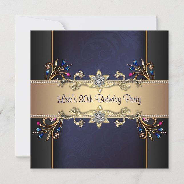 Navy Blue Gold Flowers Womans 30th Birthday Invitation (Front)