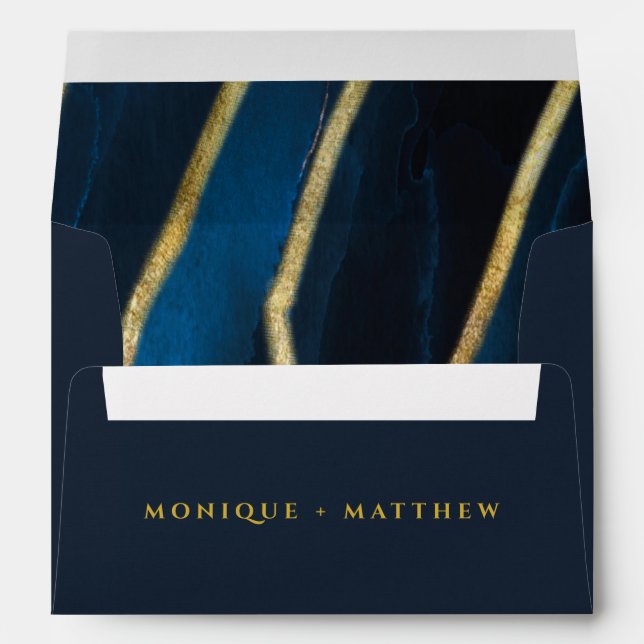 Navy Blue & Gold Foil Agate Custom Wedding Envelope (Back (Bottom))