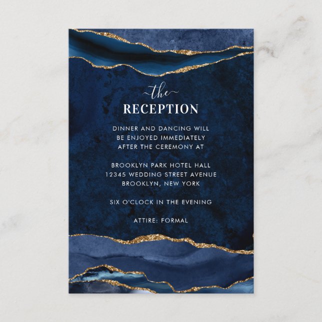 Navy Blue Gold Foil Agate Geode Wedding Reception Enclosure Card (Front)