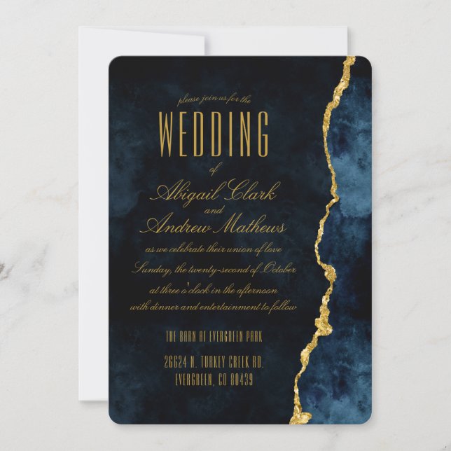 Navy Blue Gold Foil Agate Gilt Wedding Invitation (Front)