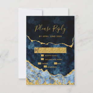 Navy Blue Gold Foil Agate Gilt Wedding RSVP Reply