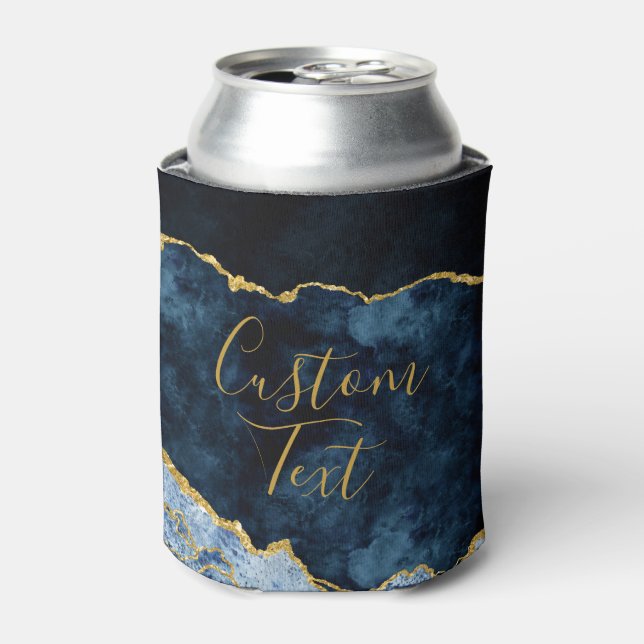 Navy Blue & Gold Foil Agate Marble Custom Text Can Cooler (Can Front)