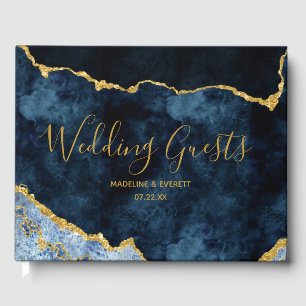 Navy Blue Gold Foil Agate Marble Gilded Wedding Guest Book