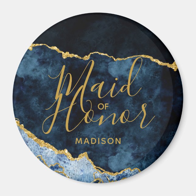 Navy Blue & Gold Foil Agate Marble Maid of Honour Magnet (Front)