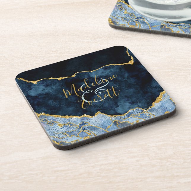 Navy Blue Gold Foil Agate Marble Wedding Monogram Coaster (Left Side)