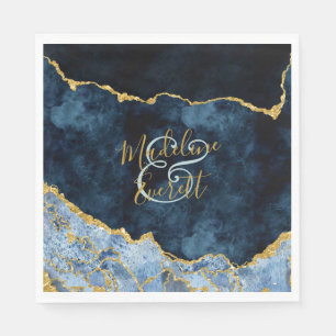 Navy Blue Gold Foil Agate Marble Wedding Monogram Napkin