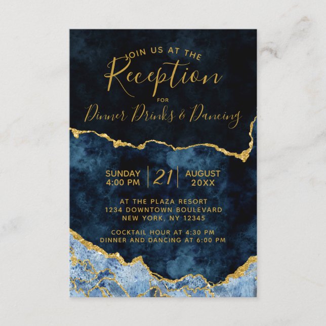 Navy Blue Gold Foil Agate Marble Wedding Reception Enclosure Card (Front)