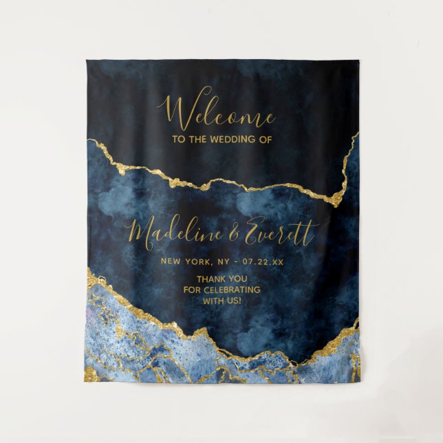 Navy Blue Gold Foil Agate Marble Wedding Welcome Tapestry (Front)
