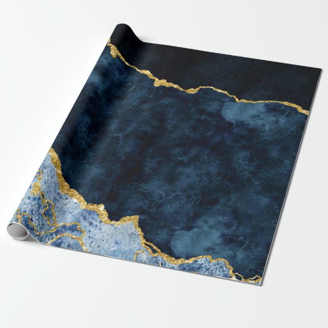 Navy Blue & Gold Foil Agate Marble Wrapping Paper (Unrolled)