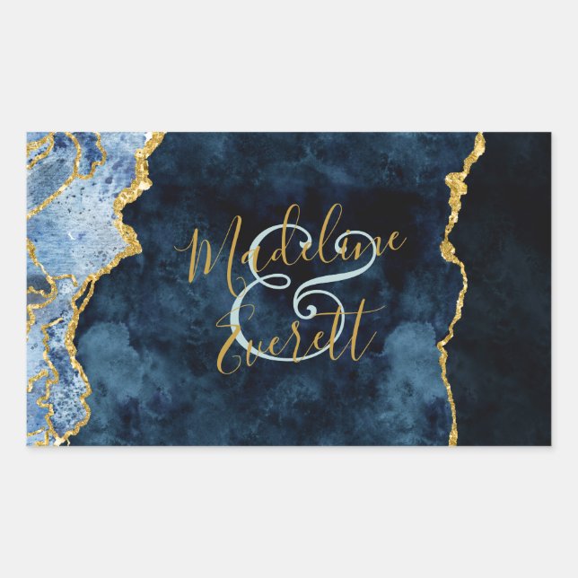 Navy Blue Gold Foil Agate Monogram Wedding Rectangular Sticker (Front)