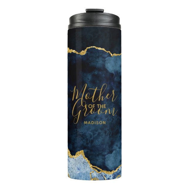 Navy Blue & Gold Foil Agate Mother of the Groom Thermal Tumbler (Front)