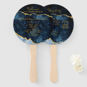 Navy Blue Gold Foil Agate Wedding Ceremony Program Hand Fan