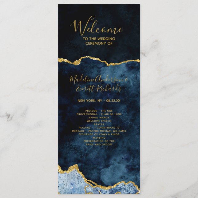 Navy Blue Gold Foil Agate Wedding Ceremony Program Programme (Front)