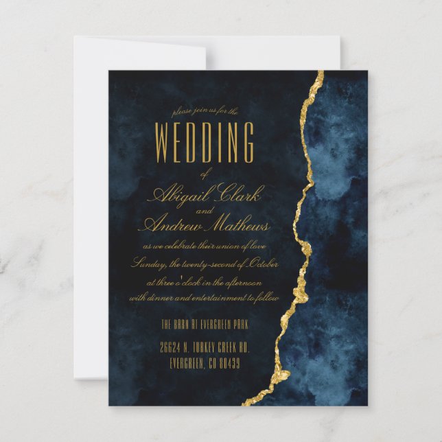 Navy Blue & Gold Foil Agate Wedding Invitations (Front)