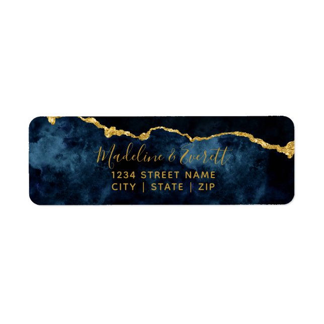 Navy Blue Gold Foil Agate Wedding Return Address (Front)