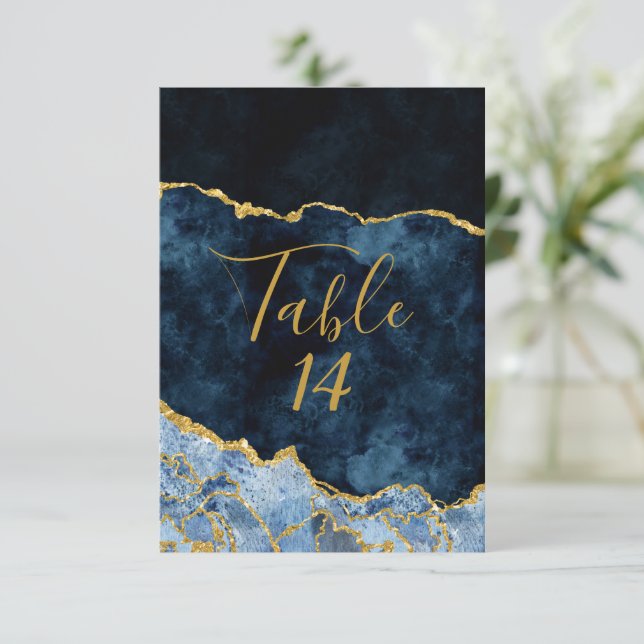 Navy Blue Gold Foil Agate Wedding Table Numbers (Standing Front)