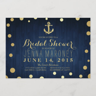 Navy Blue Gold Foil Anchor Nautical Bridal Shower Invitation