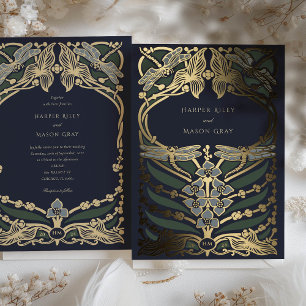 Navy Blue Gold Foil Art Nouveau Dragonfly Wedding