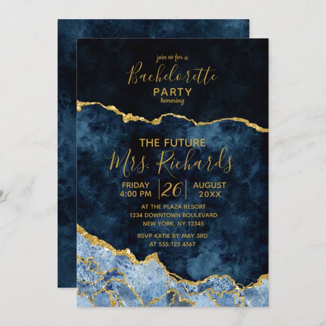 Navy Blue Gold Foil Bachelorette Party Invitation (Front/Back)