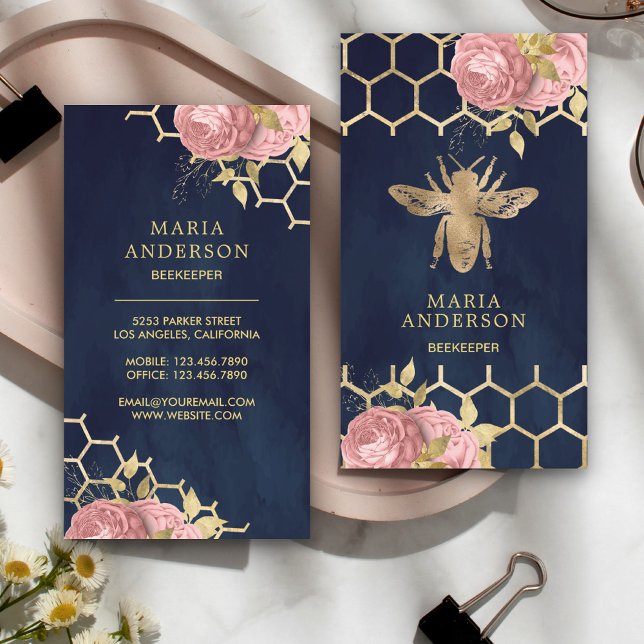 Navy Blue Gold Foil Blush Pink Floral Honey Bee Business Card (Creator Uploaded)