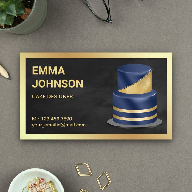 Navy Blue Gold Foil Custom Cake Pastry Chef Bakery Business Card (Creator Uploaded)