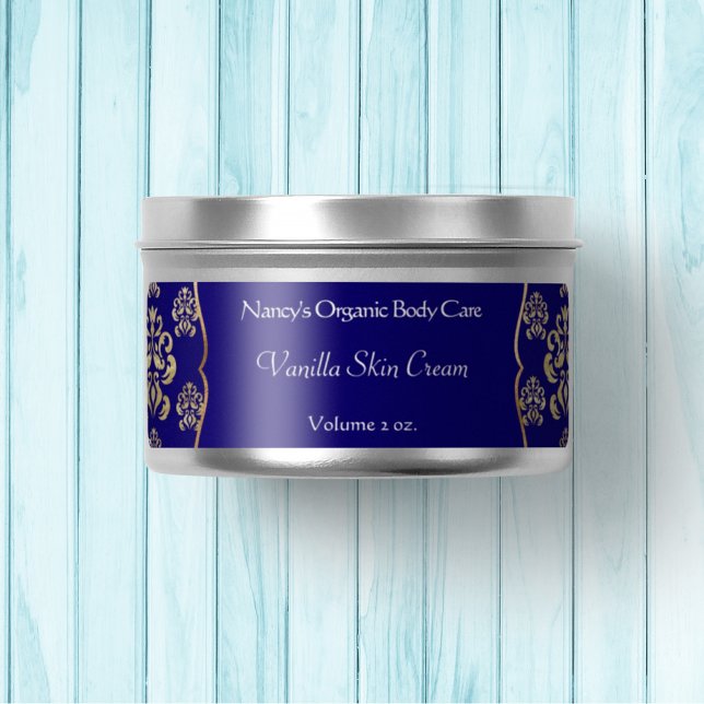 Navy blue & gold foil damask cosmetics label 2 (Creator Uploaded)