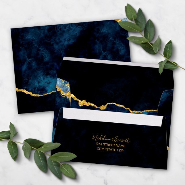 Navy Blue & Gold Foil Gilded Agate Marble Wedding Envelope (Creator Uploaded)