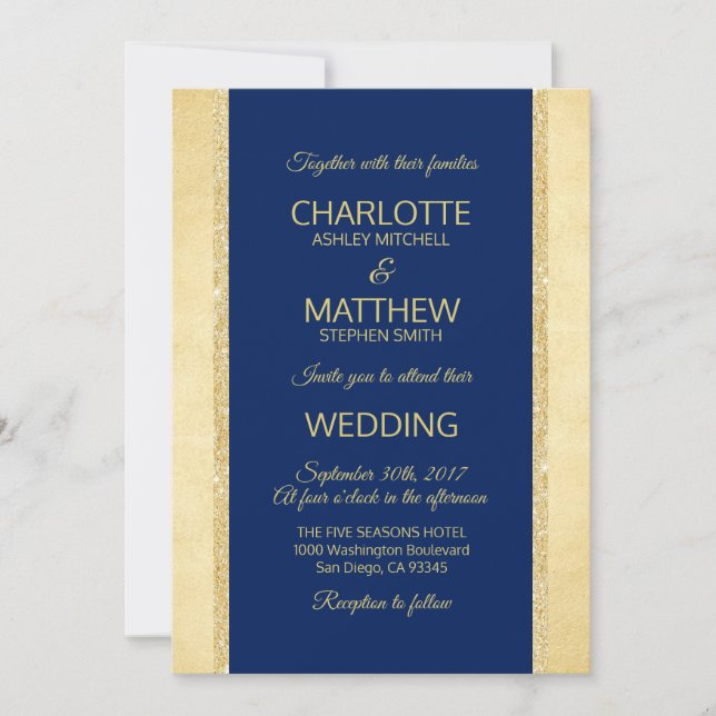 Navy Blue Gold Foil Glitter Wedding Invitation (Front)