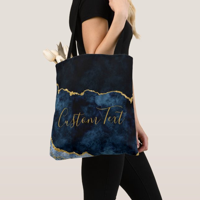 Navy Blue & Gold Foil Marble Agate Custom Text Tote Bag (Close Up)
