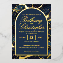 Navy Blue & Gold Foil Marble Wedding Invitations