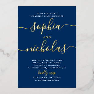 Navy Blue Gold Foil Modern Script Engagement Party