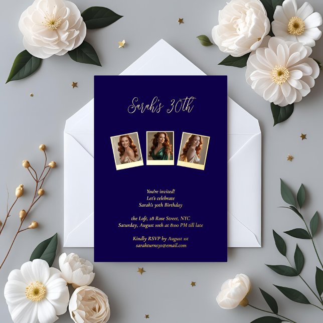 Navy Blue & Gold Foil Photo 30th Birthday  (Creator Uploaded)