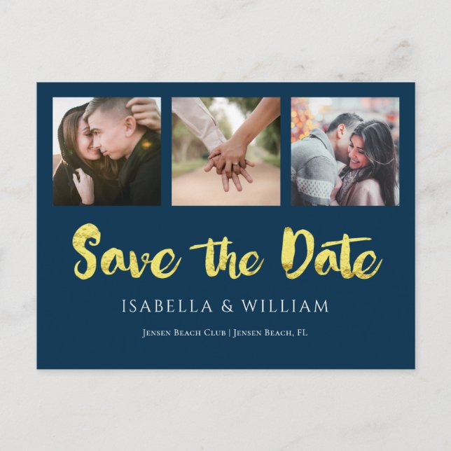 Navy Blue Gold Foil Photo Save the Date Announcement Postcard (Front)