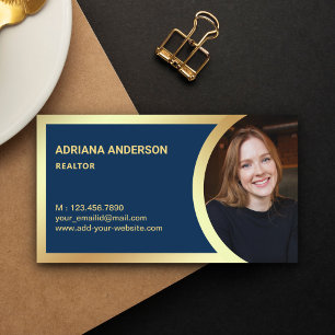 Navy Blue Gold Foil Real Estate Photo Realtor Business Card