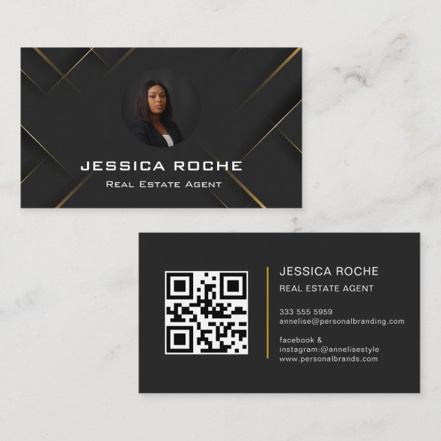 Navy Blue Gold Foil Real Estate Photo Realtor QR  Business Card (Front/Back)