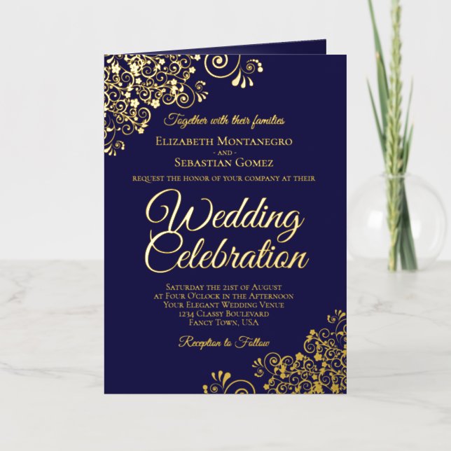Navy Blue & Gold Foil Wedding Invite Program Combo (Front)